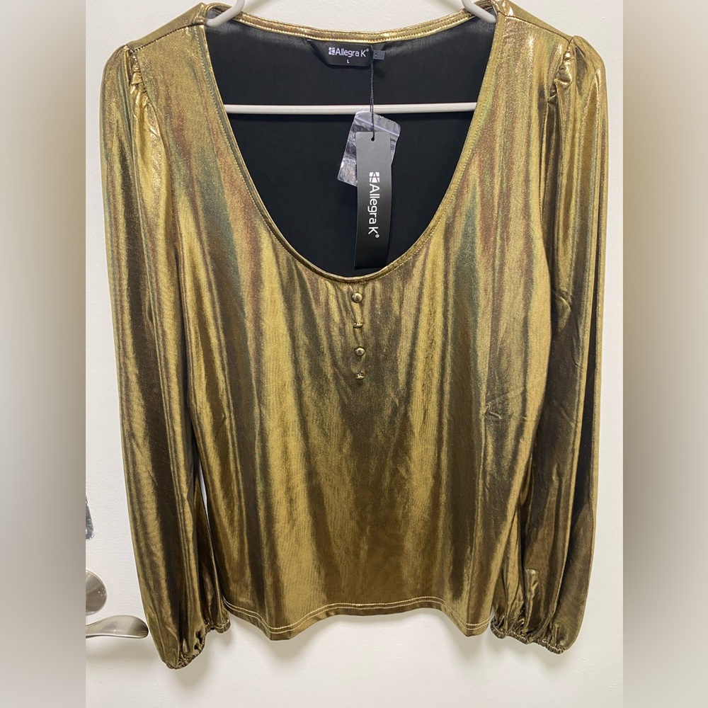 Allegra K,Large,Women's Shimmering Gold Blouse,bishop sleeve,scoop neck,stretchy